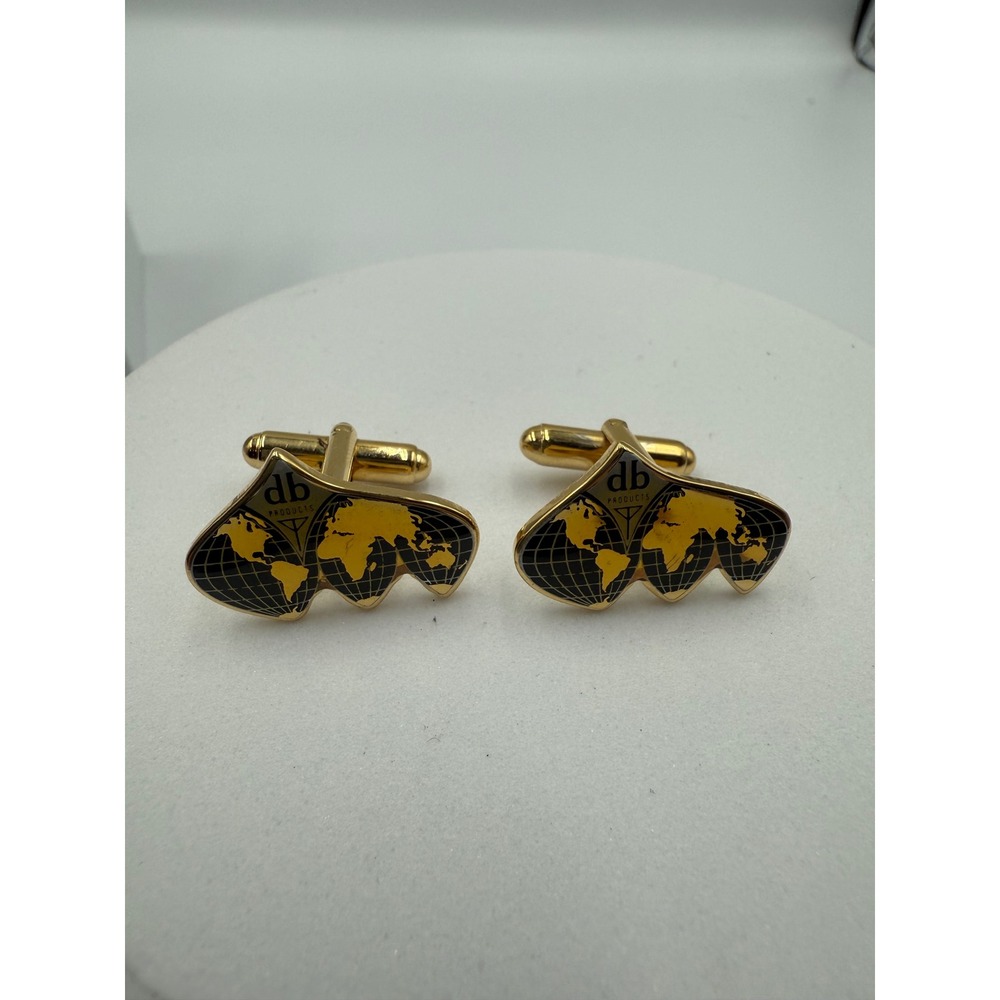 Vintage db Products Cufflinks Gold Tone World Map Enamel Mens Business Jewelry